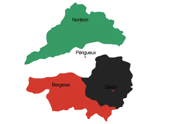 Carte du Périgord divisé en Périgord Vert (Nontron), Périgord Blanc (Périgueux), Périgord Pourpre (Bergerac) et Périgord Noir (Sarlat).