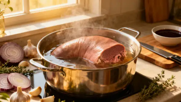 Une langue de bœuf mijote dans une casserole, prête pour une recette savoureuse. Oignons, ail et herbes aromatiques sont disposés autour.