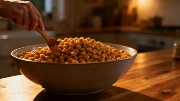 Une main remue des pois chiches dans un bol. Voici une idée pour comment manger les pois chiches : en salade, en houmous, ou rôtis.