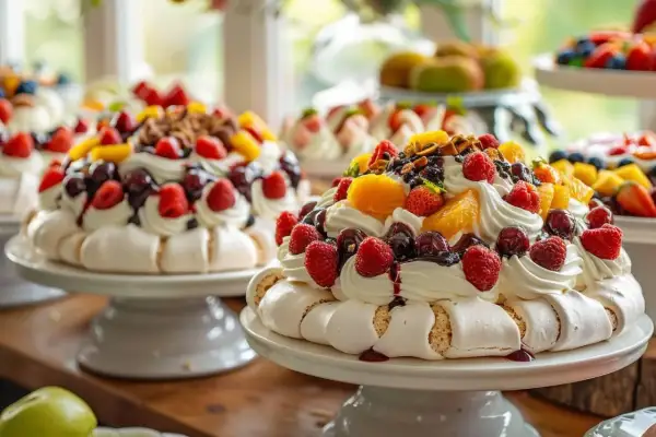 Pavlovas aux fruits, un dessert aérien dont l'origine pays est disputée entre l'Australie et la Nouvelle-Zélande.