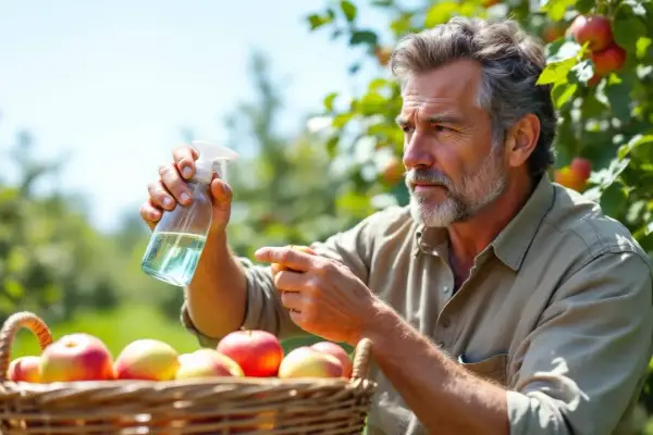 Un homme prépare sa récolte de pommes, tenant un vaporisateur près d'un panier rempli de fruits rouges et jaunes.