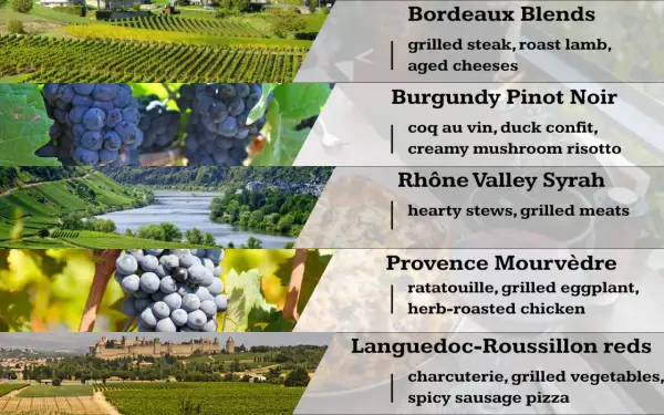 Une liste de vins rouges français, des vignobles de Bordeaux aux grappes de Bourgogne, avec des suggestions d'accords mets.
