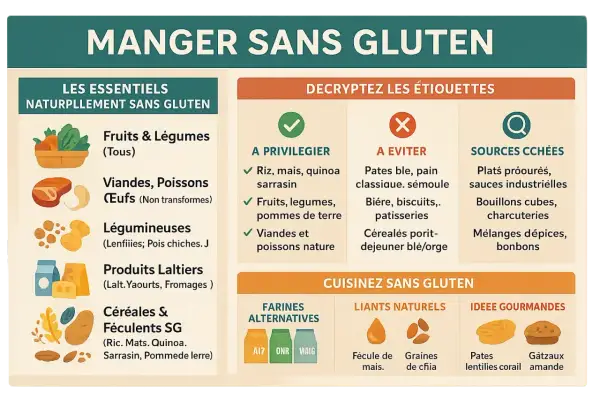 Guide pour manger sans gluten : aliments à privilégier (fruits, légumes, viandes), à éviter (pâtes, pain classique) et sources cachées. Idées gourmandes sans gluten.