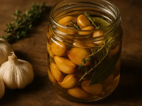 Un bocal rempli d'ail confit, avec des herbes aromatiques. Parfait pour faire de l'ail confit maison.