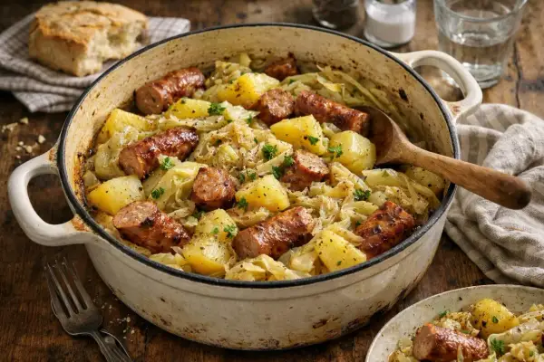 Plat réconfortant de chou braisé, pommes de terre et saucisses grillées, garni de persil frais. Un délice rustique.