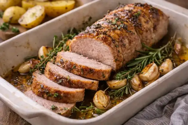 Un délicieux médaillon de porc rôti, tranché et servi dans un plat avec des pommes de terre, de l'ail et des herbes. Une recette parfaite pour un repas savoureux.