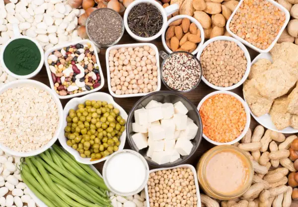 Un assortiment de bols et d'assiettes remplis d'aliments riches en protéines végétales : lentilles, pois chiches, haricots, tofu, noix, graines, avoine, edamame, beurre de cacahuète.